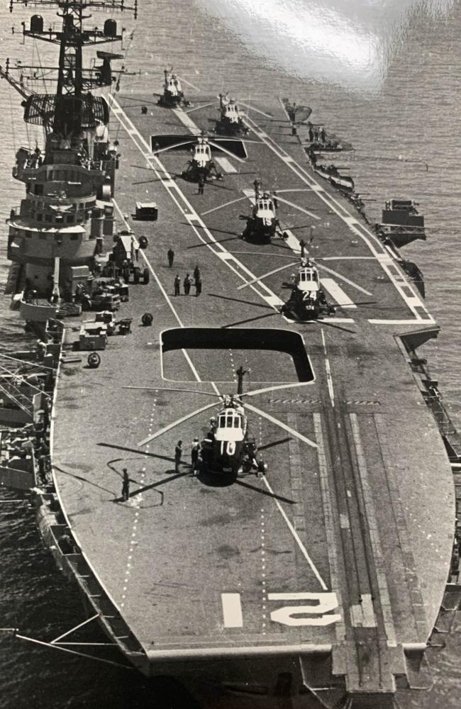 HMAS Melbourne nears Darwin, with her helicopters on station. Picture: Supplied.