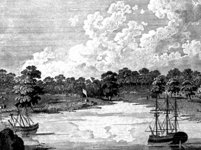 A sketch of the first European settlement from the book <i>1788 Watkin Tench</i> by Tim Flannery. 