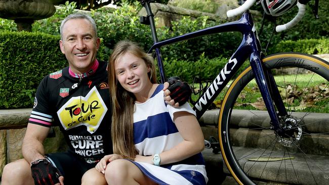 Channel Seven Sunrise sports presenter Mark Beretta and 12-year-old daughter Ava, of Mosman, are fundraising for the Tour de Cure cancer charity. Picture: Annika Enderborg