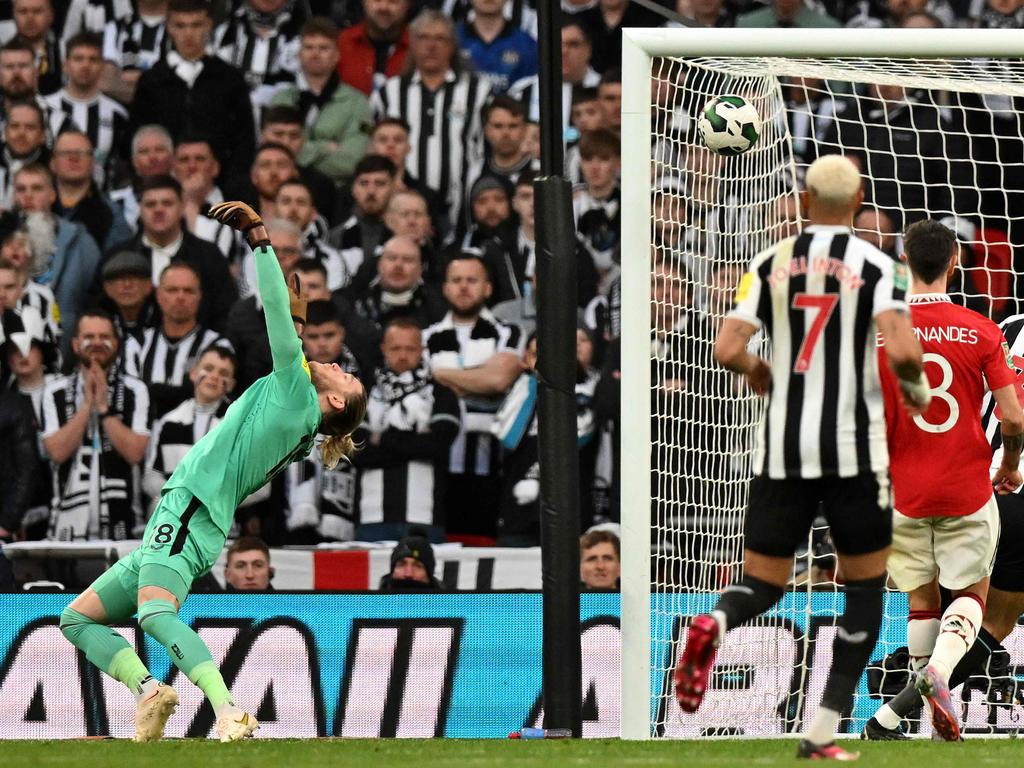 Newcastle United goalkeeper Loris Karius concedes the second goal in the League Cup final against Manchester United. Picture: Glyn Kirk/AFP