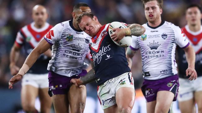 Jake Friend on the charge for the Roosters. Picture: Getty Images
