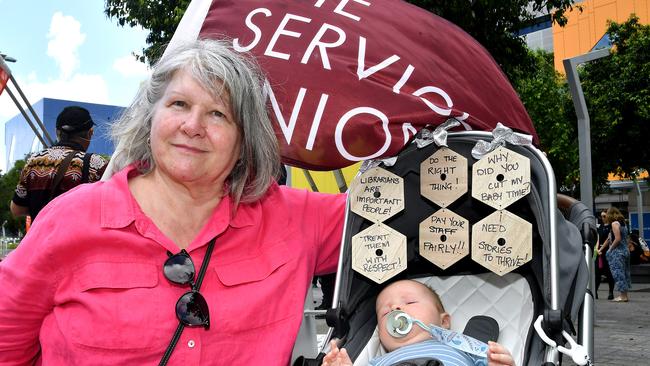 Veronica McIntosh with the youngest protester, her 12-week old grandson Rowan McIntosh. Picture: John Gass