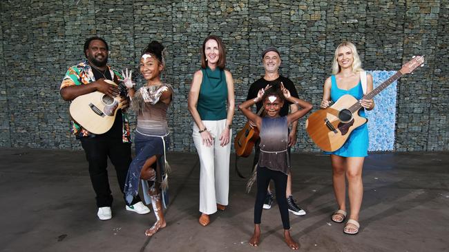 Cairns Regional Council will be celebrating Australia Day with their annual Citizen of the Year awards, followed by a free concert at Munro Martin Parklands. Guitarist Danny Boy, Sand &amp; Sea senior dancer Lolarose Lyons, 12, Cairns mayor Amy Eden, Sand &amp; Sea junior dancer Karla-Rose Rocky, 6, and Social Hour performers Enzo Russo and Anais Campbell will all perform and preside over the awards on Australia Day. Picture: Brendan Radke