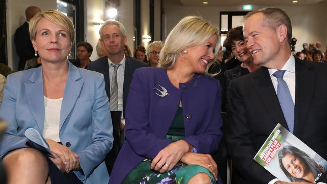 Bill Shorten with wife Chloe, centre, and deputy Tanya Plibersek at Labor’s anti-domestic violence policy launch yesterday. Picture: Kym Smith