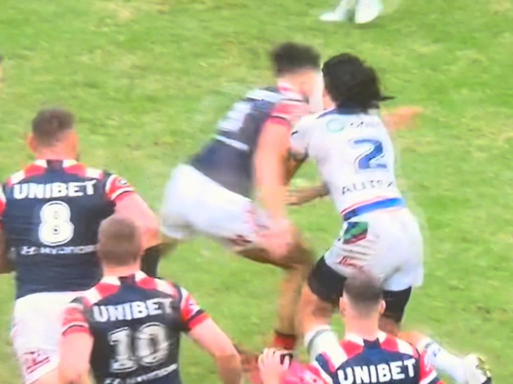 Joseph-Aukuso Suaalii was placed on report for this tackle. Picture: Fox League