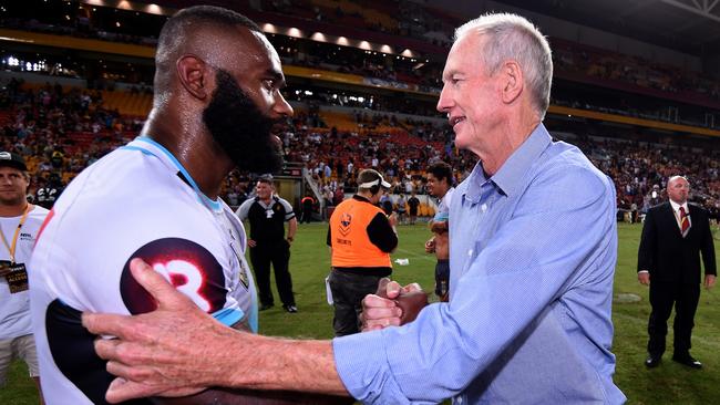 Wayne Bennett with World All Stars player Semi Radradra.