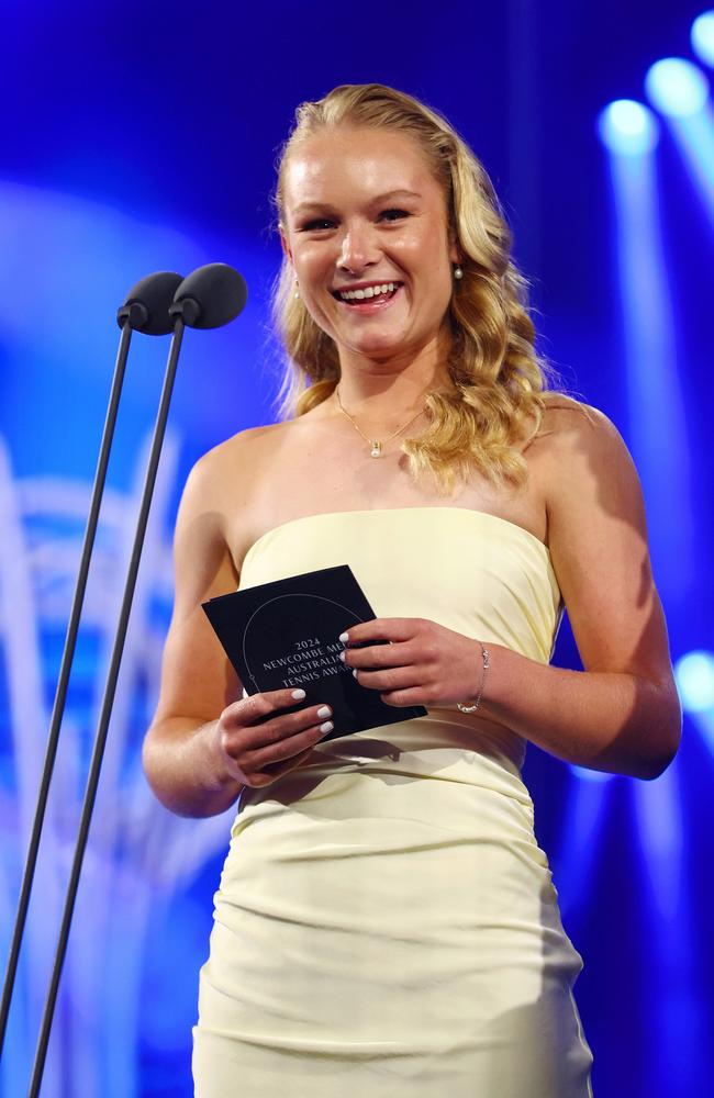 Emerson Jones speaks on stage after winning Junior Athlete of the Year - Female at the 2024 Newcombe Medal. (Photo by Graham Denholm/Getty Images for Tennis Australia)