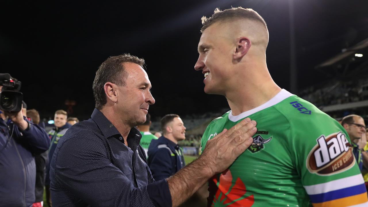 Canberra coach Ricky Stuart with Canberra's Jack Wighton after the Canberra Raiders v South Sydney Preliminary NRL Final at GIO Stadium, Canberra.