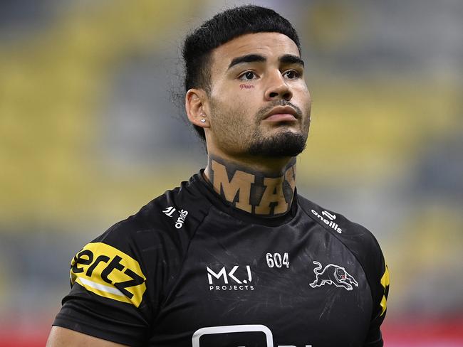 TOWNSVILLE, AUSTRALIA - APRIL 27: Taylan May of the Panthers looks on before the start of the round eight NRL match between North Queensland Cowboys and Penrith Panthers at Qld Country Bank Stadium, on April 27, 2024, in Townsville, Australia. (Photo by Ian Hitchcock/Getty Images)