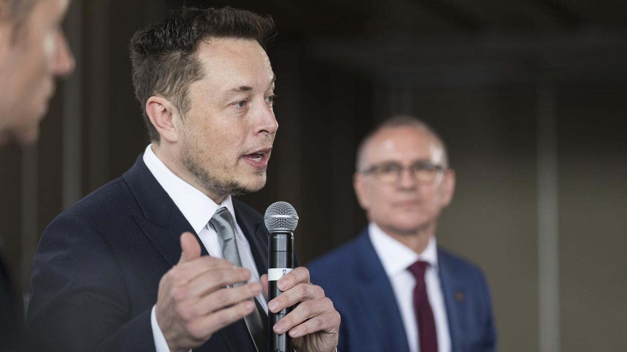 Tesla CEO Elon Musk (centre) and the-then Premier Jay Weatherill (right) at Adelaide Oval, announcing the world’s biggest lithium ion Battery. Picture: Ben MacMahon.