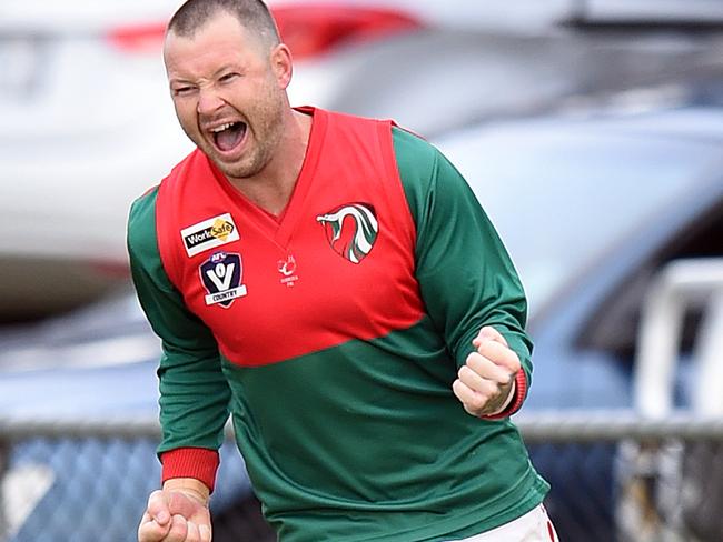 MPNFL Division 1: Mt Eliza v Frankston Pines.Frankston Pines #3 Luke Potts celebrates a last quarter goal.Picture: Jason SammonSaturday 14 April 2018