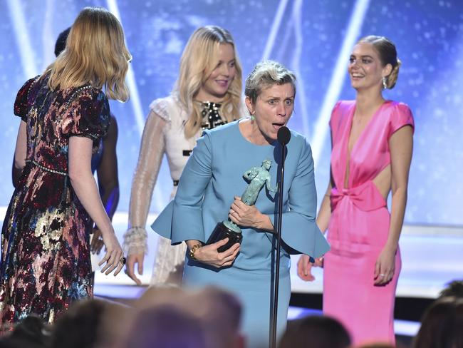 Frances McDormand and the cast of “Three Billboards Outside Ebbing, Missouri” accept the award for outstanding performance by a cast in a motion picture at the 24th annual Screen Actors Guild Awards. Picture: AP