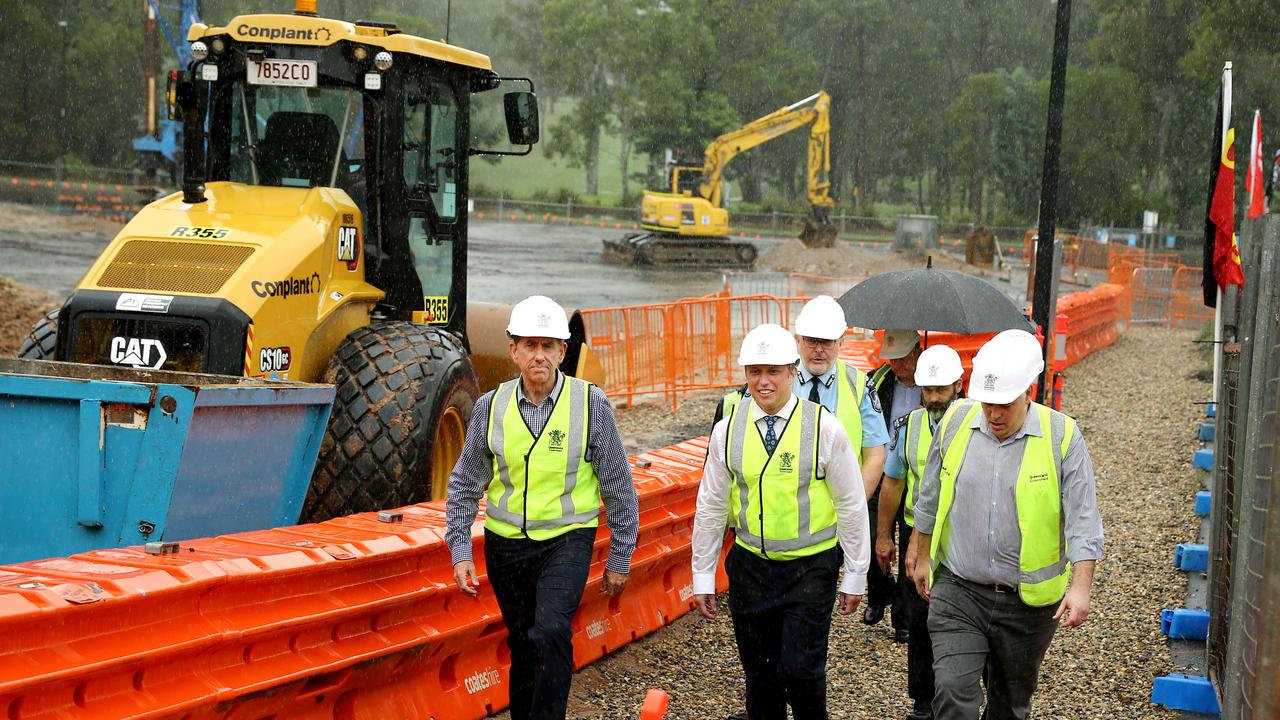 Former Labor government ministers Cameron Dick, Steven Miles,and Mark Ryan (front) pictured inspecting the new Youth Remand Centre at Wacol on March 27, 2024. Picture: David Clark