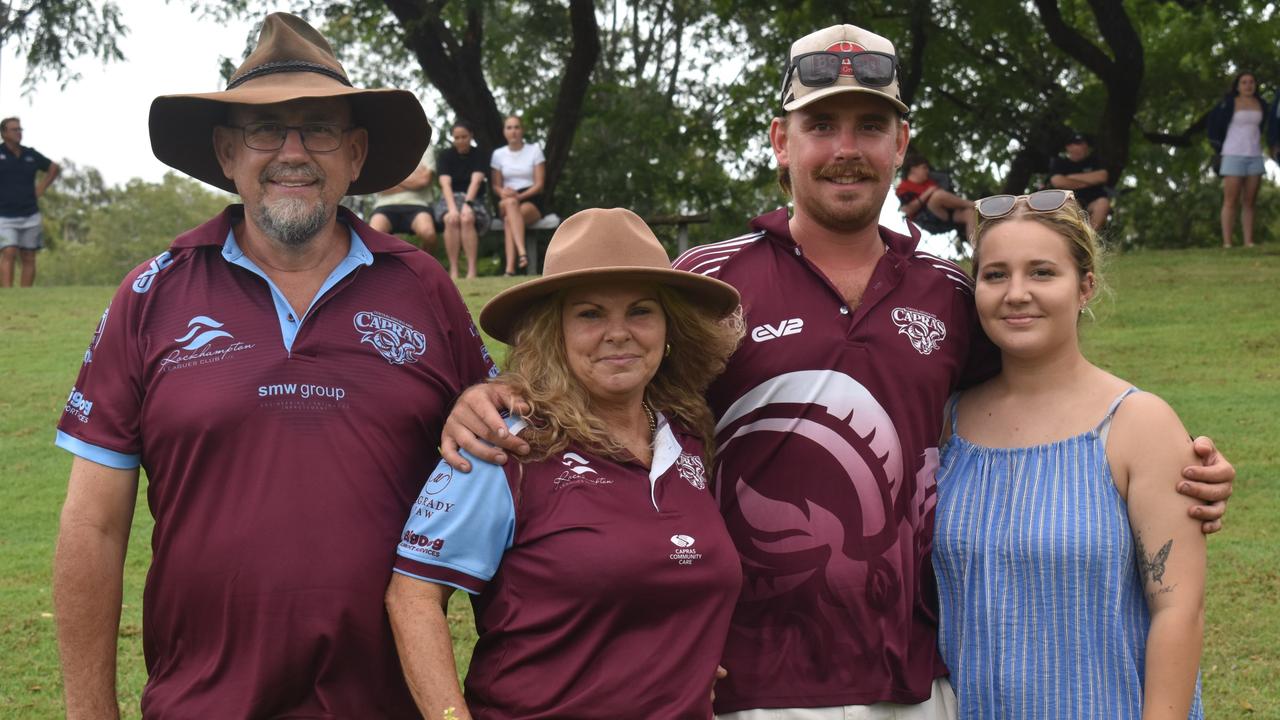 Mick, Lesley, Jackson and Shaely Wright at the CQ Capras versus Mackay Cutters under-17 and under-19 pre-season trials at Rugby Park, Rockhampton, on February 1, 2025.
