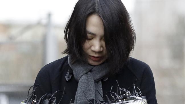 FILE - In this Friday, Dec. 12, 2014 file photo, Cho Hyun-ah, who was head of cabin service at Korean Air and the oldest child of Korean Air chairman Cho Yang-ho, speaks to the media upon her arrival for questioning at the Aviation and Railway Accident Investigation Board office of Ministry of Land, Infrastructure and Transport in Seoul, South Korea. South Korean prosecutors on Wednesday charged the former Korean Air Lines executive who achieved worldwide notoriety by kicking a crew member off a flight with violating aviation security law and hindering a government investigation. Cho's actions amounted to 