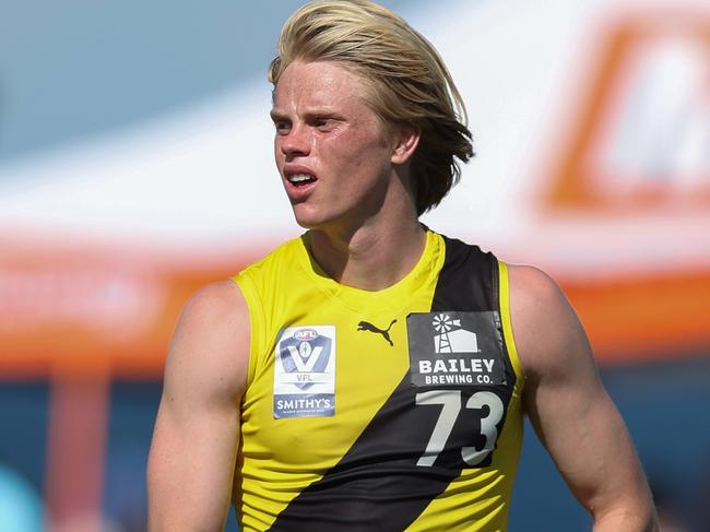 MELBOURNE, AUSTRALIA - AUGUST 25: Sam Davidson of the Tigers in action during the 2024 VFL Wildcard Round match between Williamstown and Richmond at DSV Stadium on August 25, 2024 in Melbourne, Australia. (Photo by Rob Lawson/AFL Photos)