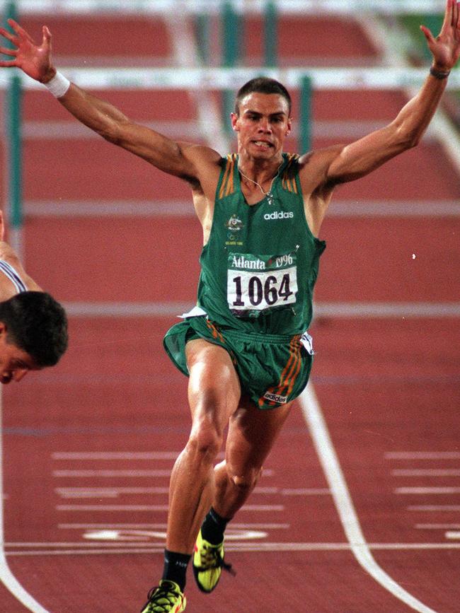 Kyle Vander-Kuyp finishing 7th in 110m hurdles at the 1996 Atlanta Olympics.