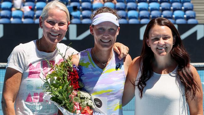 Sam Stosur, centre, after what was supposed to be her last singles match