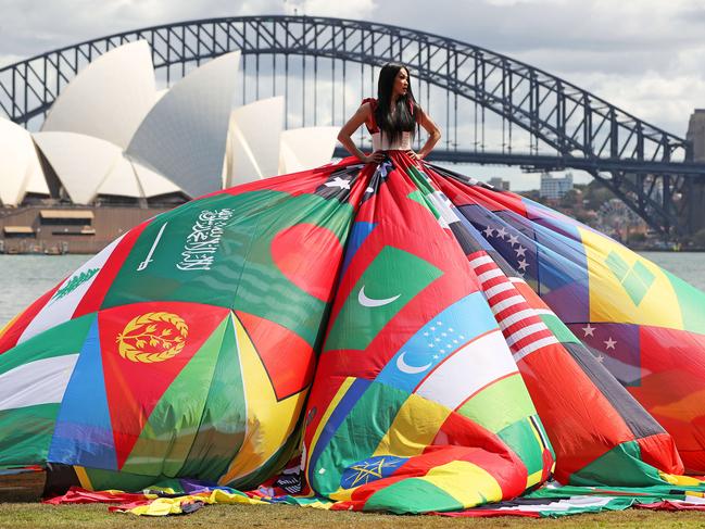 The dress is made from the national flags of the 71 countries where it is still illegal to be LGBTQIA+ on penalty of imprisonment, torture or death. Picture: Tim Hunter