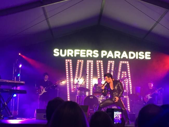 Elvis tribute artist Jay Dupuis, from Louisiana, entertains at the 2017 Viva Surfers Paradise festival.