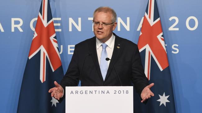 Australian Prime Minister Scott Morrison speaks to the media during a press conference at the G20 summit in Buenos Aires, Argentina, on Friday. Picture: AAP