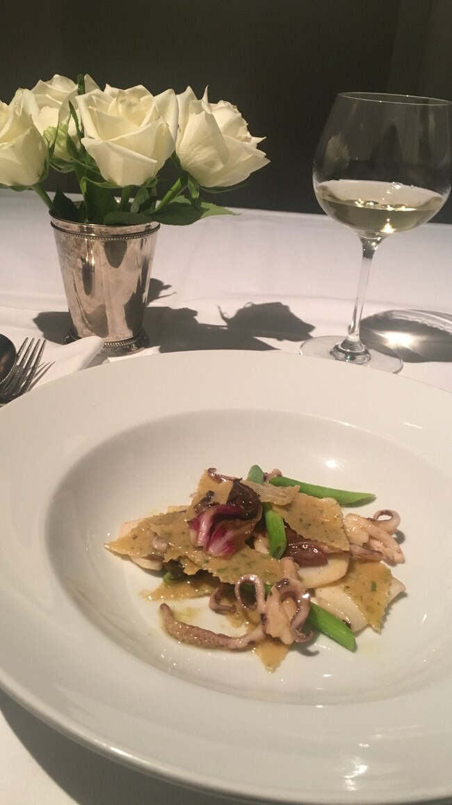 Calamari pieces and wilted radicchio with maltagliati pasta at Cafe Di Stasio. Picture: Supplied