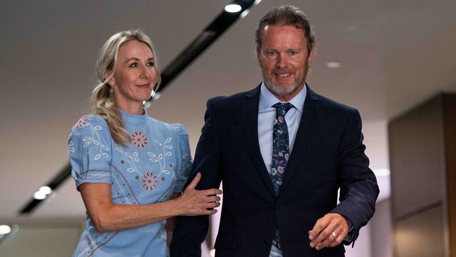 With partner Vanessa Scammell at his side, actor Craig McLachlan prepares to address the media in Sydney on Tuesday after his acquittal on assault charges. Picture: Bianca De Marchi