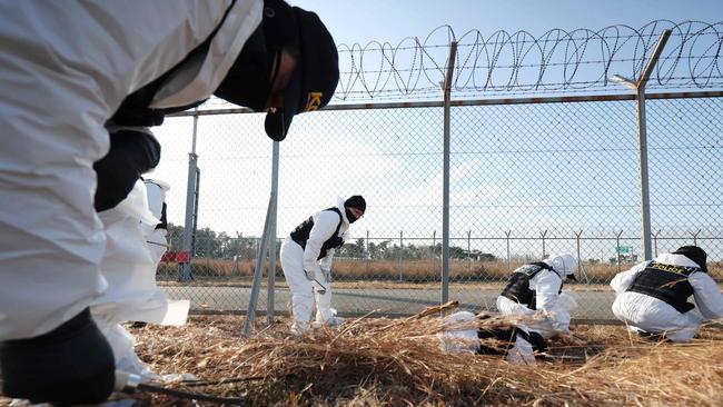 Members of a police scientific investigation team search the site where a Jeju Air Boeing 737-800 aircraft crashed and burst into flames at Muan International Airport. Picture: YONHAP/AFP