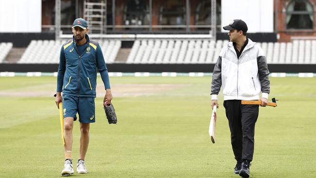 Nathan Lyon and brother Brendan head for a net session during the 2019 Ashes in Manchester. Picture: Getty