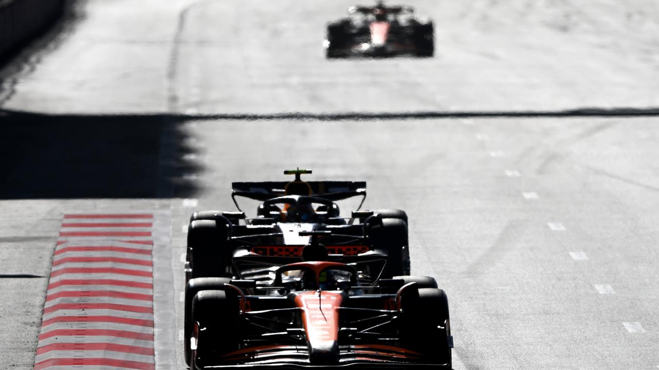 Piastri leads Perez during the race. Picture: Rudy Carezzevoli/Getty Images