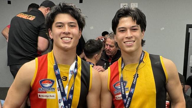 Josh Lai (L) and brother Sean helped Cheltenham lift its second successive flag. Picture: Cheltenham FNC