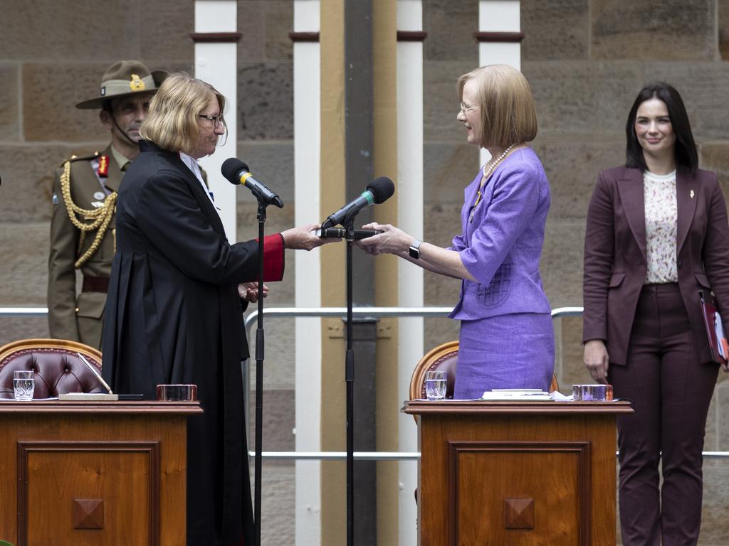 The former Queensland Chief Medical Officer Jeannette Young is sworn in as the 27th governor of Queensland at Queensland's Parliament House. Picture: NewsWire / Sarah Marshall