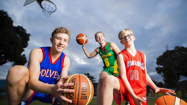 What should the new Tasmanian basketball team be called? Young basketball stars Reiley, 14, Zoe, 16 and Mitchell, 8 Banks. Picture: RICHARD JUPE