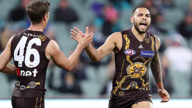 Impey celebrates a goal during last season’s Indigenous Round. Picture: Sarah Reed