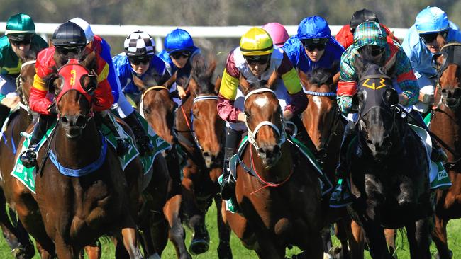 Loving home ridden by Tye Angland  (yellow cap, maroon with yellow armbands) wins race 1 during Scone  Races located in the Upper Hunter Region of NSW. The Bend . Pic Jenny Evans