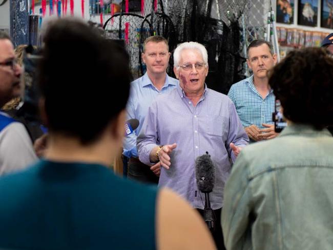 The NTG have announced a widening of the MyDarwin voucher scheme across the Territory after its success in Darwin. Chief Minister Michael Gunner and Mayor Kon Vatskalis make the announcement at Fishing and Outdoor World, Darwin.  Picture: Che Chorley