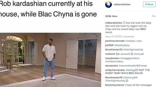 Rob Kardashian made a joke that Chyna took his “chips” and his “BBQ sauce”. Picture: Instagram
