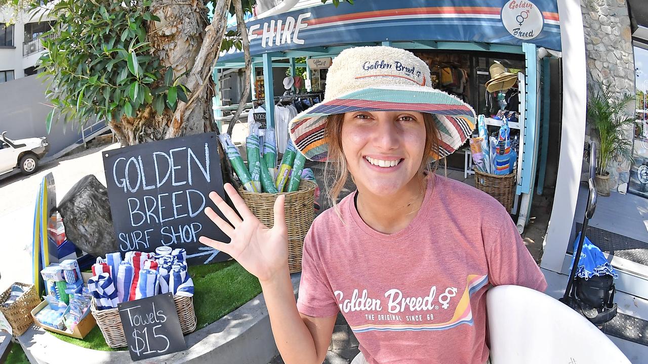 The Golden Breed Noosa surf shop with staff member Paris Smith. Photo Patrick Woods / Sunshine Coast Daily.