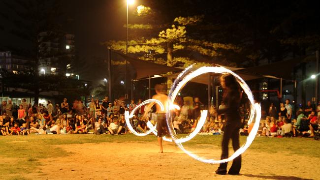 Burleigh Heads is a popular spot for fire-twirlers on Sunday evenings.