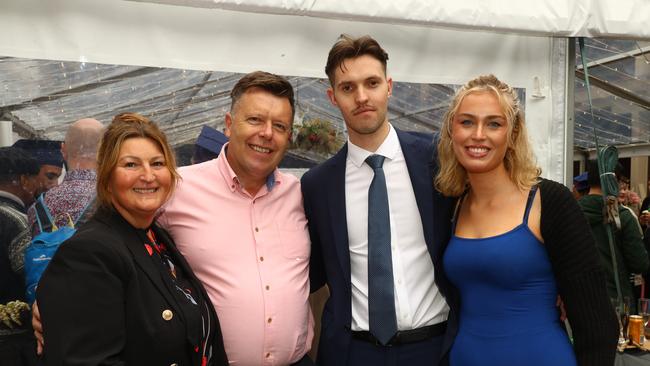 Graduate George Brown, third left, with mum Jill, dad Jonathan, and girlfriend Ella Carlin at the Deakin University Graduation post ceremony celebration. Picture: Alison Wynd