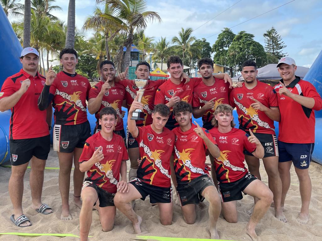 Loranzo Fono, middle, with Kirwan State High School’s 17/18 team for the Northern Australia Beach 5s Rugby Championships 2022