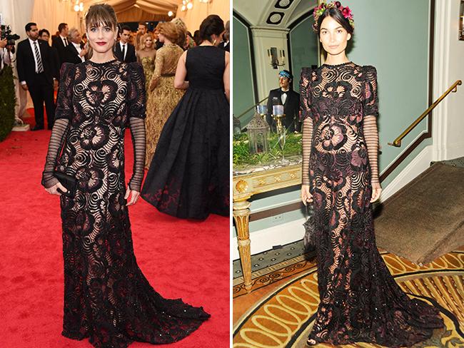 IT’S a fashion face-off! We take a look as your favourite stars wind up in the same outfit leaving us to question, who wore it better? Amanda Peet and Lily Aldridge in Marc Jacobs Spring 2014 plum embroidered lace gown. Picture: Getty