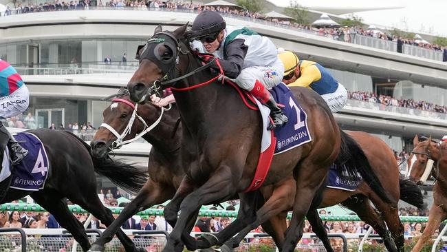 Mr Brightside in full flight winning the Champions Mile. Picture: George Sal/Racing Photos via Getty Images