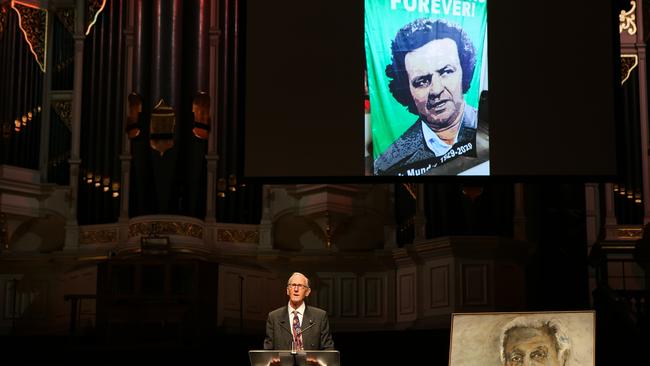 Peter Watts AM — Emeritus Director, Historic Houses Trust of NSW speaks during the State Memorial Service at Sydney Town Hall for Jack Mundey. Picture: NCA NewsWire / Gaye Gerard