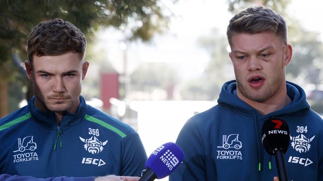 DAILY TELEGRAPH FEBRUARY 24, 2025. Canberra Raiders players Hudson Young and Morgan Smithies front the media regarding an incident at their Hilton Hotel in Las Vegas on Thursday night. Picture: Jonathan Ng