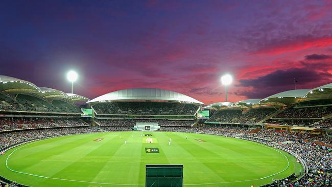 The sun sets over the Adelaide Oval on November 27, 2015 during the first ever day-night Test match. It was the third match in a three-match series between Australia and New Zealand. Photo by Quinn Rooney/Getty Images.