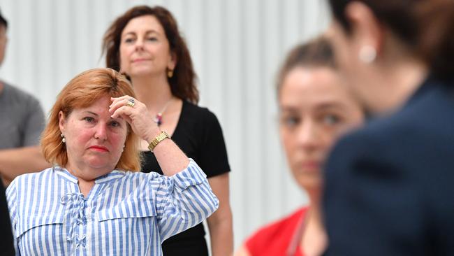 Member for Bundamba, Jo-Ann Miller (left) looks on as Queensland Premier Annastacia Palaszczuk holds a press conference during a visit to Rheinmetall's Military Vehicle Centre of Excellence in Ipswich. Picture: AAP Image/Darren England