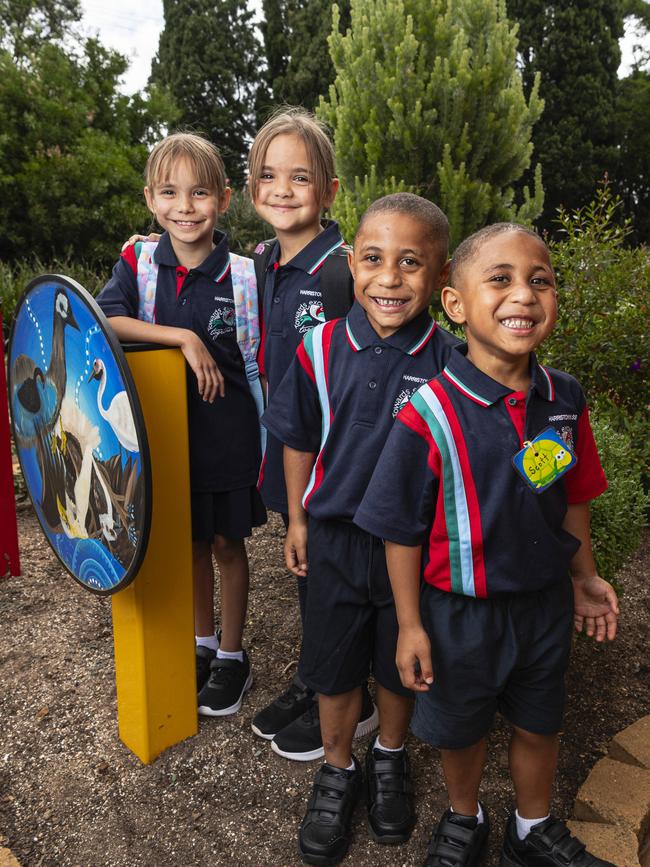 Harristown State School twins, year 3 students Charlotte (left) and Harper Widgell with prep students Clyde and Scott (right) Pepena on their first day of school, Tuesday, January 28, 2025. Picture: Kevin Farmer