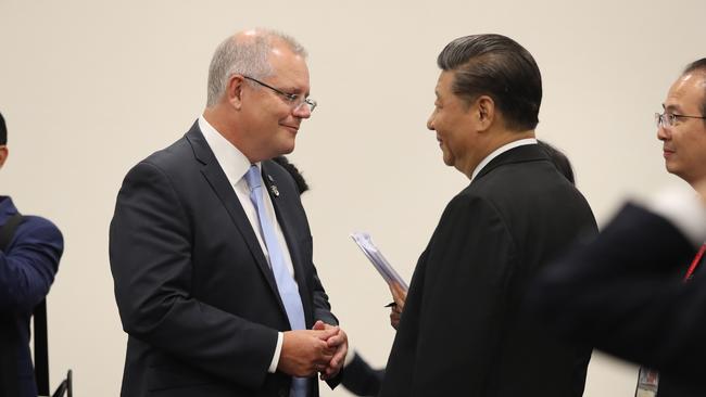 Prime Minister Scott Morrison meets China’s President Xi Jinping at the G20 in Japanin 2019. Picture: Adam Taylor