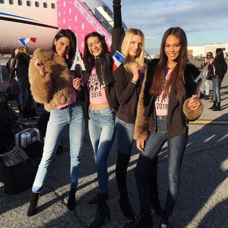 Kendall Jenner, Gigi Hadid, Lily Donaldson and Joan Smalls depart for Paris for the 2016 Victoria’s Secret Fashion Show on November 27, 2016 in New York City ... “All aboard the Victoria’s Secret plane. Let the fun begin.” Picture: Instagram